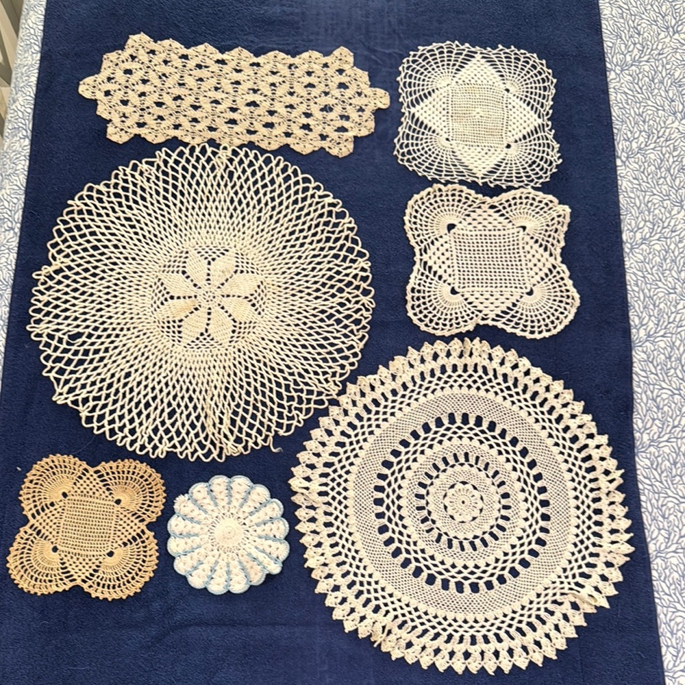 Lot of 7 Vintage Handmade Crochet Doilies Set in Cream and Tan